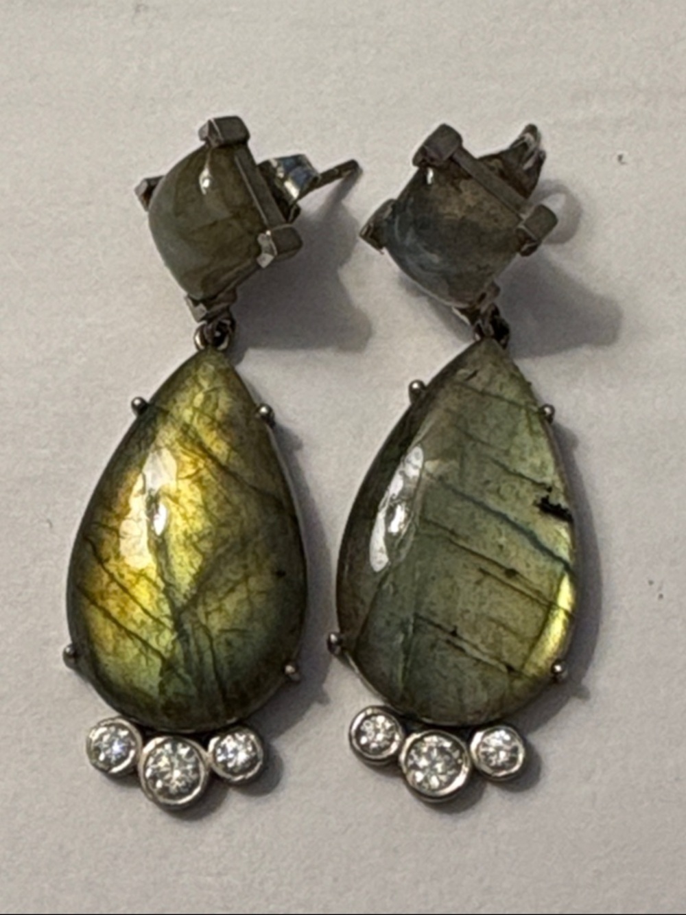 Hespera Green Labradorite Teardrop Dangle Earrings - Brushed Sterling Silver